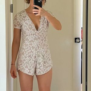 NWT TOBI SZ S / M deep v romper pom pom details, white lace, for love and lemons